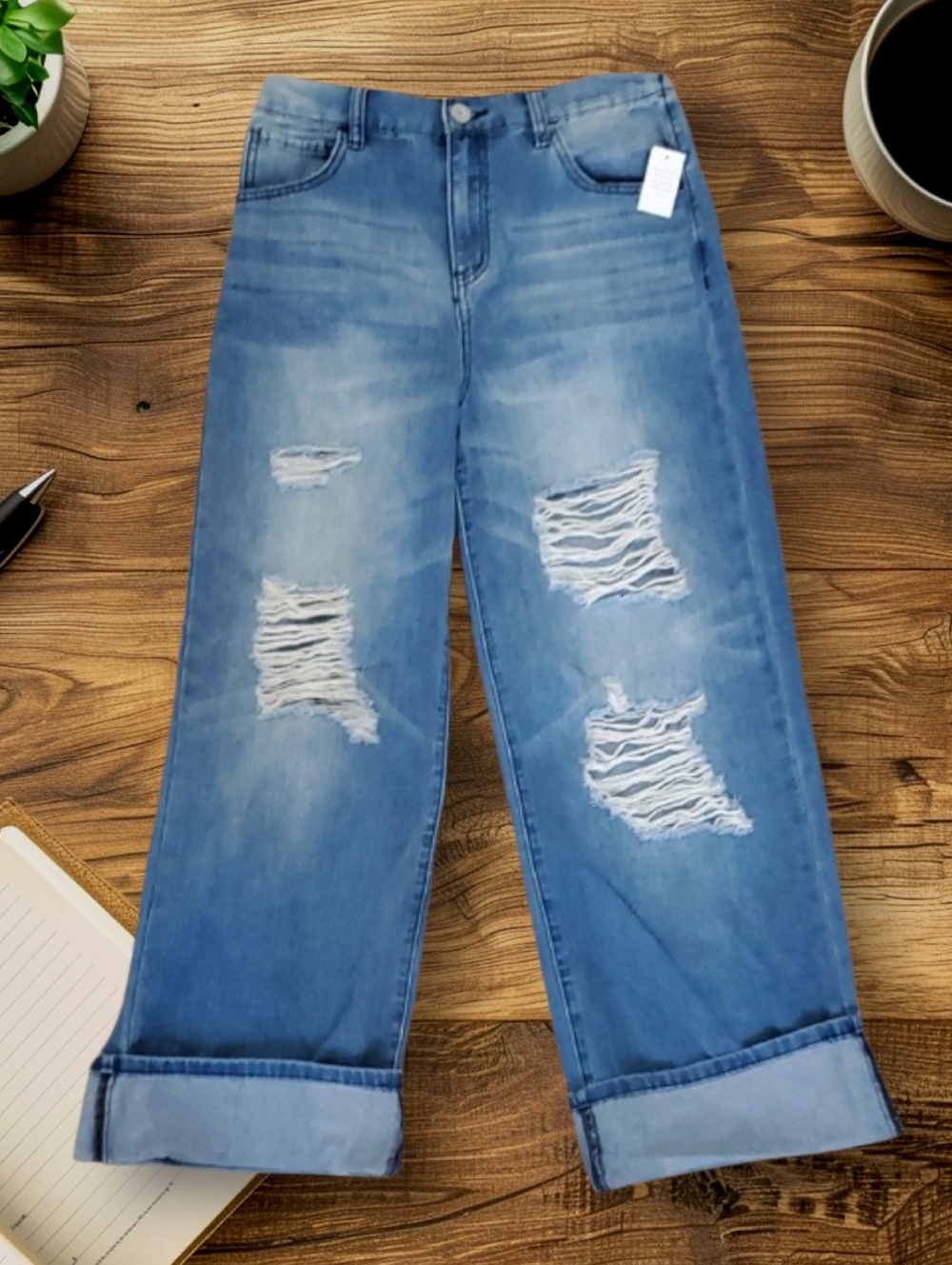 SO Light Blue Distressed WideLeg Jeans Elastic Back NWOT Role Up Or Leave Down